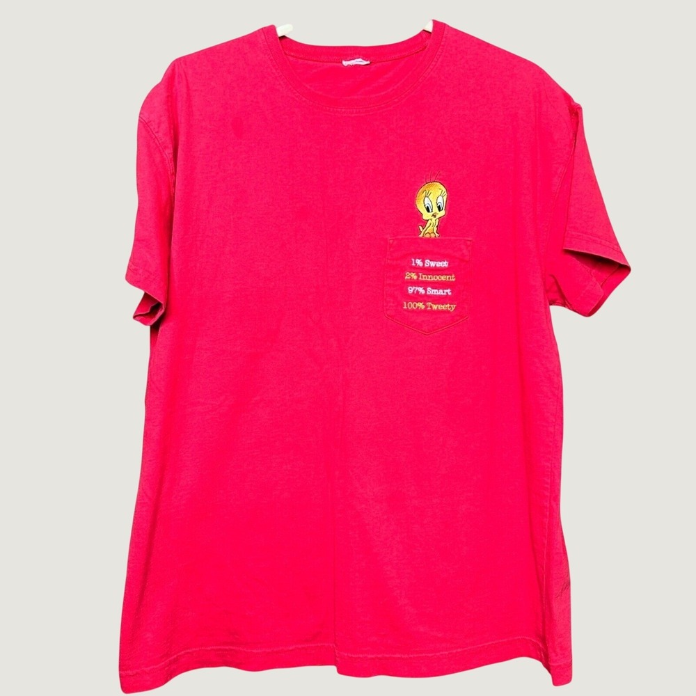 Vintage Looney Tunes Tweety Bird Embroidered Pocket T-Shirt Red Mens XL Disnet